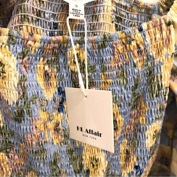NWT HL Affair Floral Mini Dress Small blue yellow smocked long sleeve - Picture 9 of 12